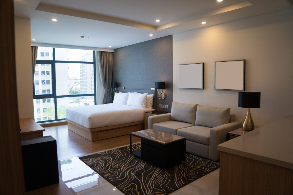 Cozy studio apartment design with bedroom and living space