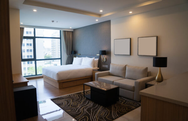Cozy studio apartment design with bedroom and living space